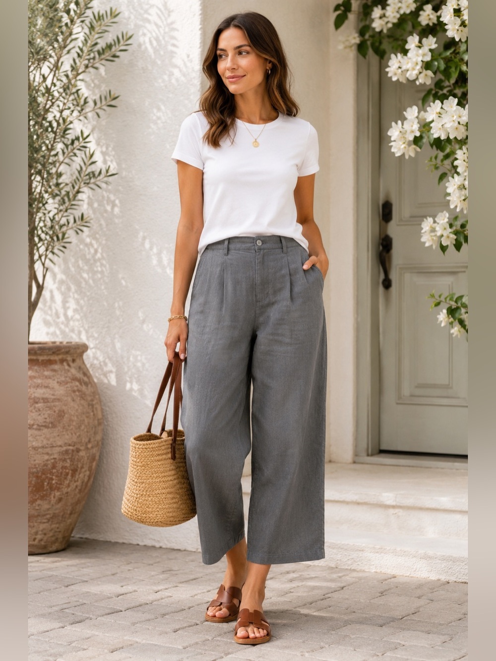 Boden 100% Linen Gray Wide Leg Cropped Pants Women’s Size 14